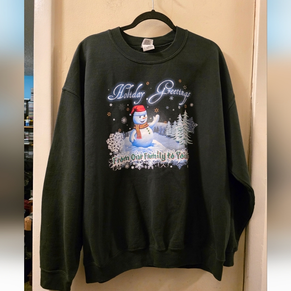 Vtg Gilden Holiday Greetings Green Sweater Custom Embroidery Christmas Read XL